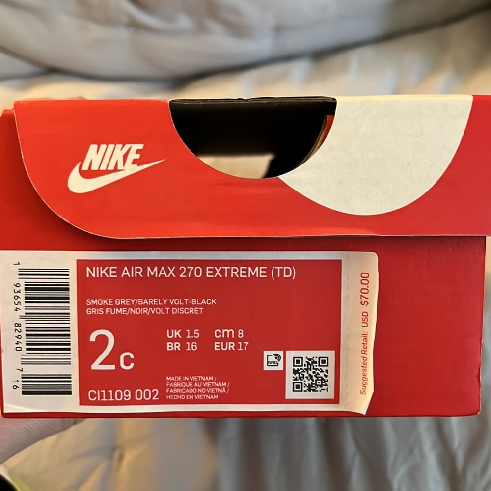 🆕 Nike Air Max 270 Extreme (TD) ‘Smoke Grey Volt’ Size 2C (newborn) - Picture 7 of 8